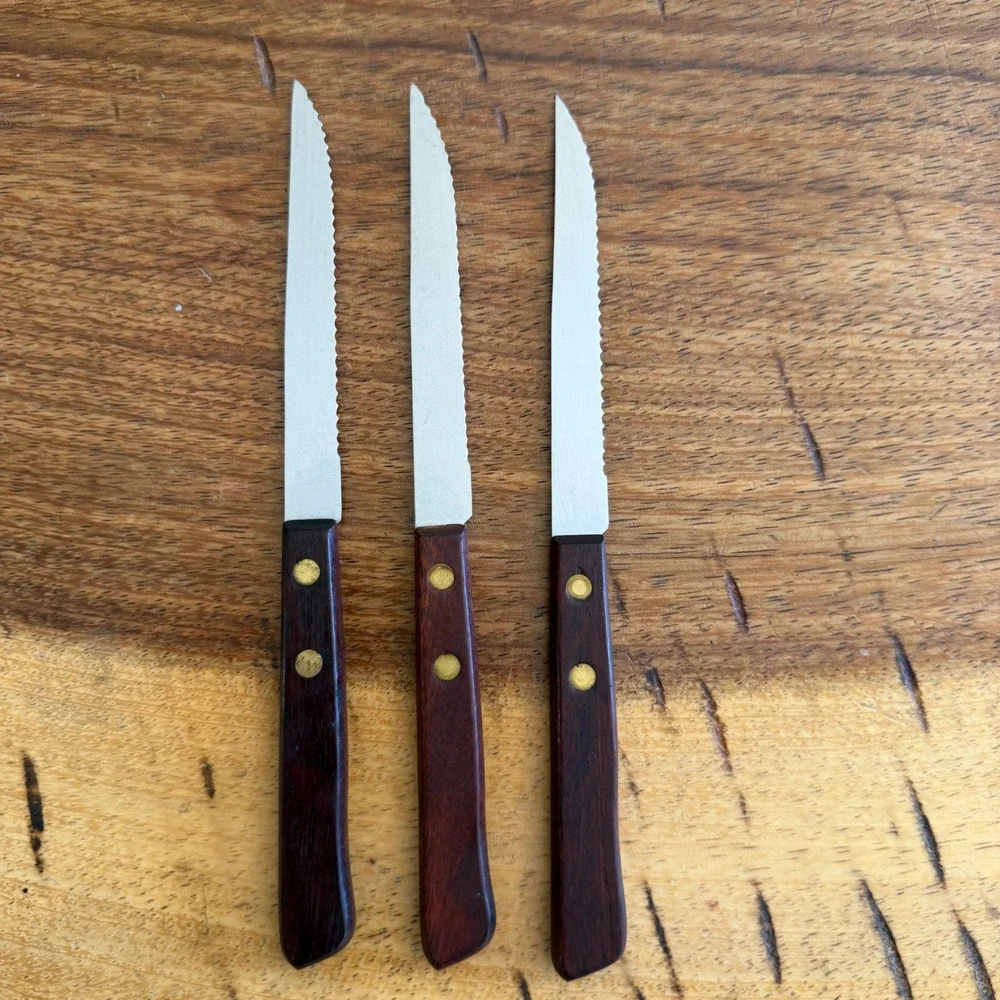 Hanford Forge Steak Knives Set of 3 Serrated Stainless Japan Wood Handle Brass